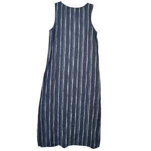 Garnet Hill Linen Blue Stripe Sleeveless Pocket Maxi Dress Size 12 Side Slits